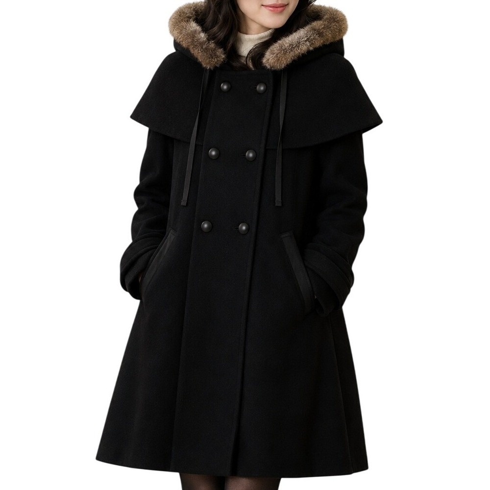 Milkcocoa Black Pure New Wool Cape Coat with Faux Fur Trim Hood Women's Small